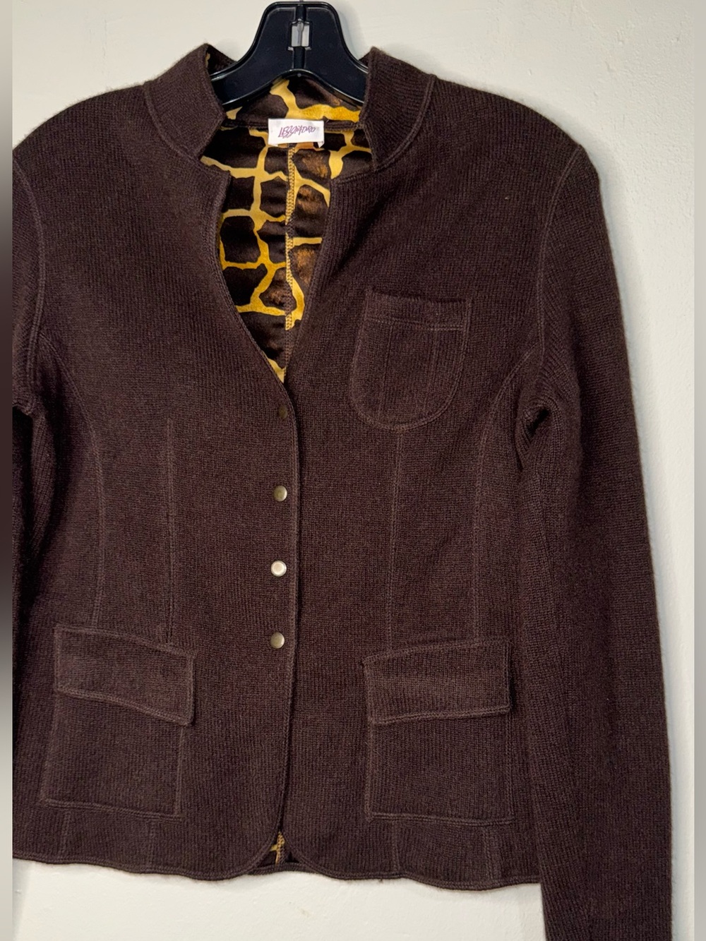 Leggiadro Dark Brown Snap-Front Knit Blazer with Patterned Lining - Picture 2 of 13